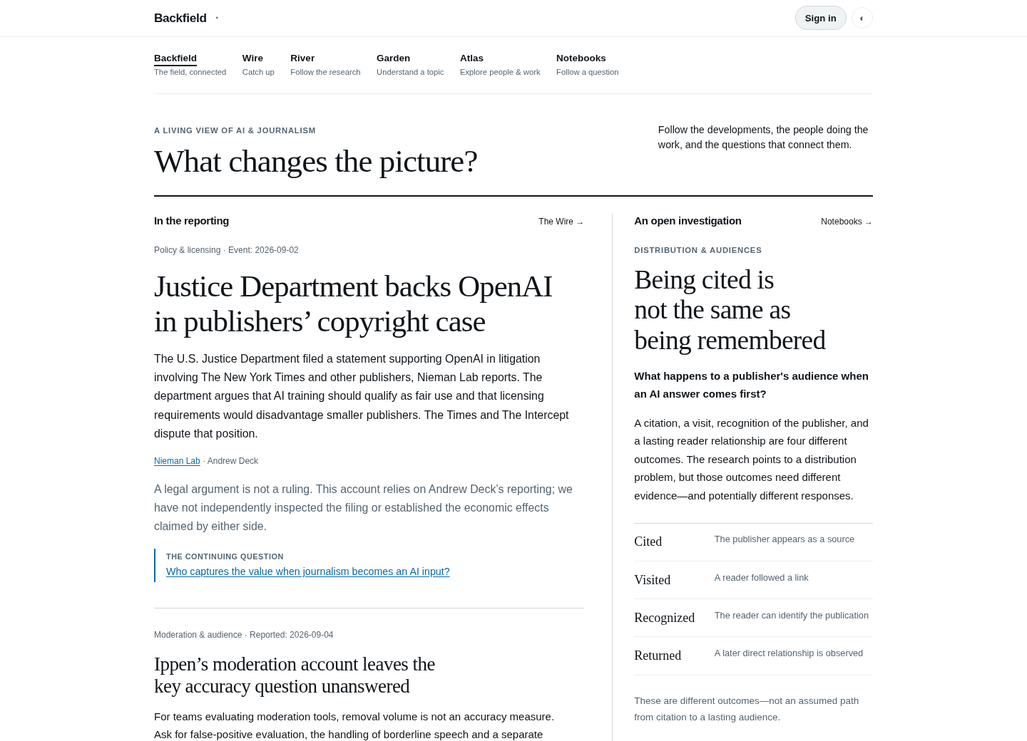 Backfield: a capture of the public website showing its editorial presentation and reader tools.